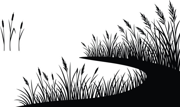 Black silhouette of reeds and wild grass by a river bank
