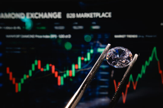 Faceted diamond gripped by tweezers with trading chart backdrop business investment