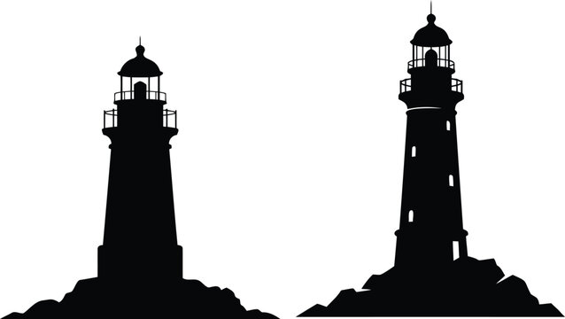 Black silhouette icons of two lighthouses on rocks