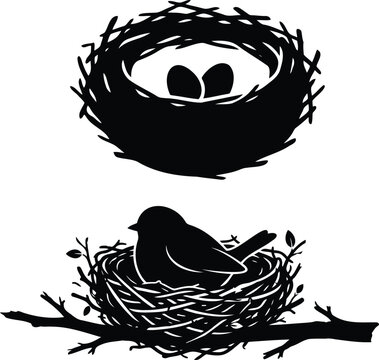 Black silhouette icons of bird nests with eggs and bird