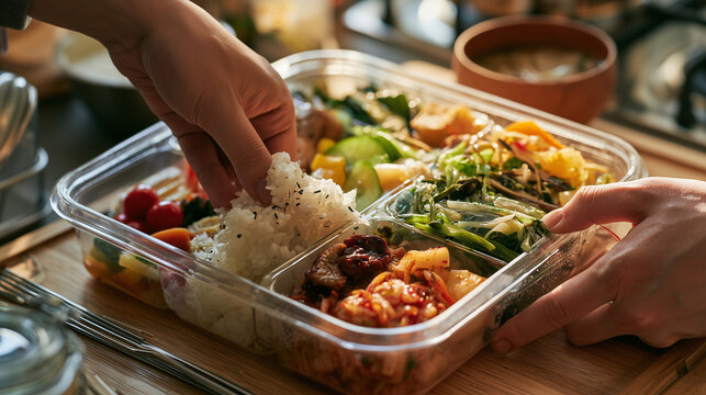 Hands packing a warm Korean lunchbox dosirak on exam day morning