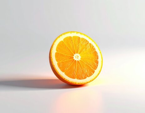 A vibrant slice of orange rests on a clean, bright surface, its juicy segments illuminated.