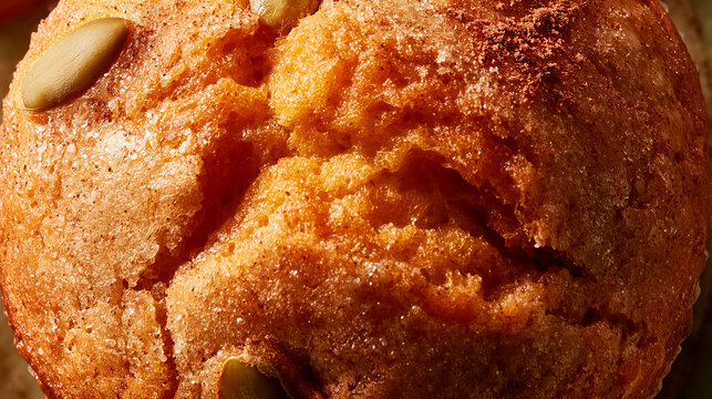 Pumpkin spice muffin macro close-up, crackled sugared crust texture &mdash; perfect for bakery branding, seasonal dessert marketing, and cafe packaging design