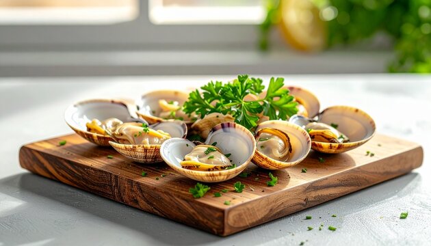 Fresh clams cooked with parsley garnish on wooden cutting board, gourmet seafood dish, natural sunlight