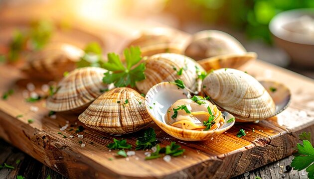 Fresh clams cooked with parsley garnish on wooden cutting board, gourmet seafood dish, natural sunlight