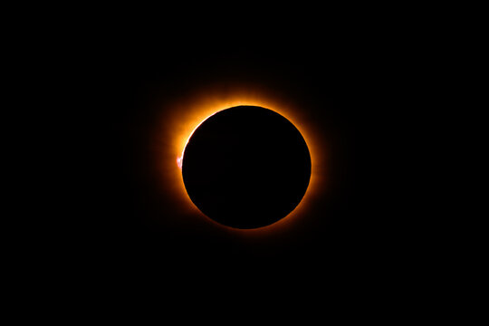 Total solar eclipse over Mallorca, diamond ring and pink solar prominence at second contact, Balearic Islands, Spain