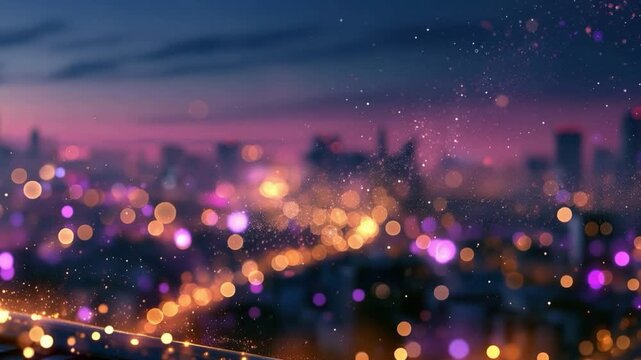 A vibrant cityscape at dusk, adorned with bokeh lights and a painterly sky, evokes a sense of magic and urban enchantment. ..Created with Generative AI, not depicting real subjects.