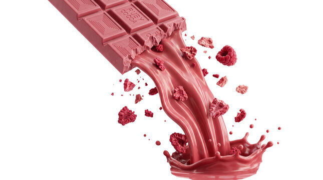 Ruby chocolate bar melting into liquid splash, pink cocoa confectionery with fresh raspberries, gourmet berry dessert flow on white background