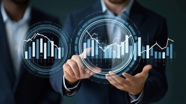 Business analyst analyzing financial chart on futuristic holographic display, showcasing growth and analytics. ..Created with Generative AI, not depicting real subjects.