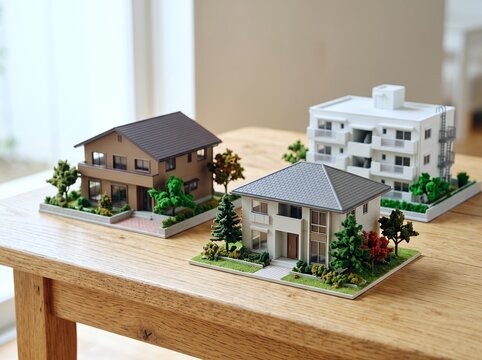 不動産選択を考える木製テーブルに並ぶ住宅とマンションの模型