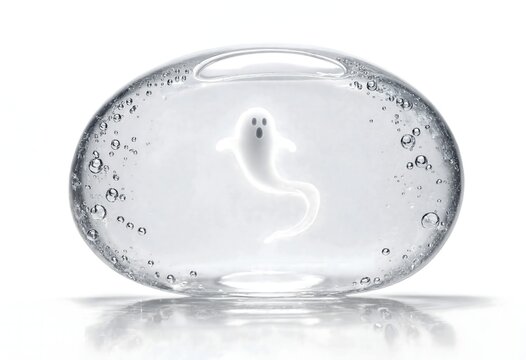 A cute white ghost floating inside a drop of transparent gel on a minimalist white background.  AI generated.