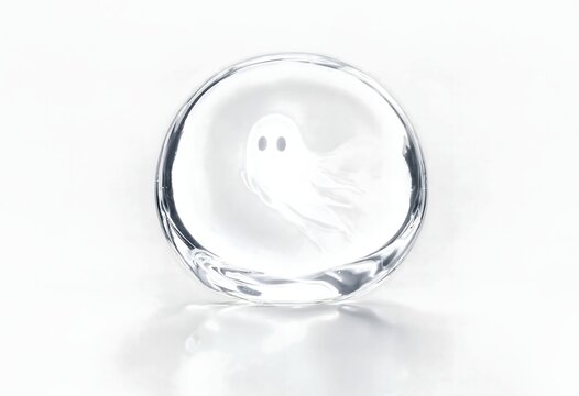 A cute white ghost floating inside a drop of transparent gel on a minimalist white background.  AI generated.