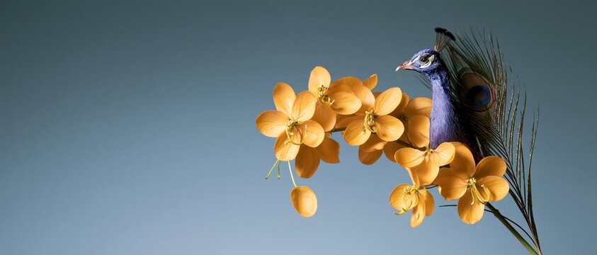 Cascading yellow kani konna blossoms and a peacock with iridescent feathers on a teal background, for Vishu and Kerala cultural celebrations