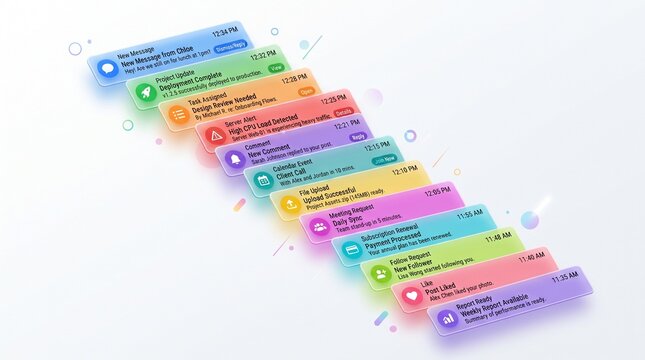Dynamic 3D Interface Displaying a Cascade of Colorful Notification Popups for Modern Digital Communication Systems