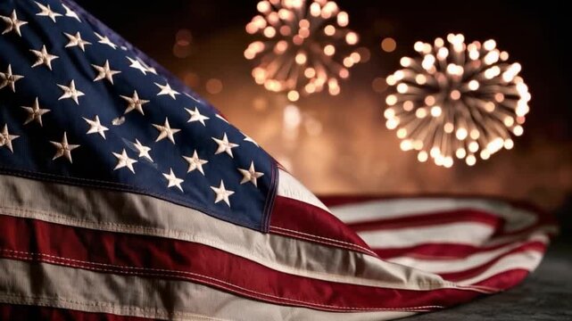 The Stars and Stripes unfurl with pride, set against a backdrop of celebratory fireworks, symbolizing national pride and festivity. ..Created with Generative AI, not depicting real subjects.