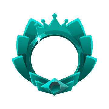 Turquoise game badge frame with royal crown isolated on transparent background