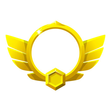 Gold game badge frame with wings and hexagonal gem isolated on transparent background