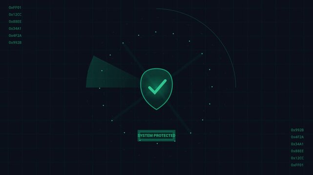 Digital Cybersecurity Shield HUD with System Protected Status