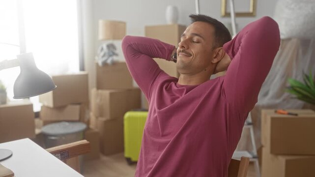 Hispanic man with moustache stretching his arms and leaning back at a desk amid packed moving boxes and a green suitcase in a building; relief fresh start.