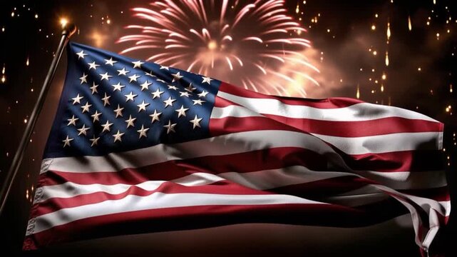 The iconic American flag waves proudly against a vibrant backdrop of explosive fireworks, symbolizing national pride and celebration. ..Created with Generative AI, not depicting real subjects.