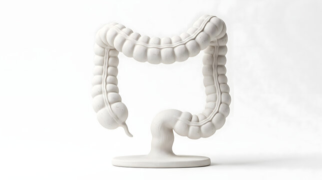 AI-generated digestive wellness and healthy aging concept, matte white ceramic large intestine, artisanal imperfections, white background, premium medical sculpture, 8K
