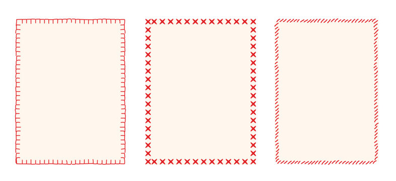 Hand drawn stitched border card template set vertical rectangular frames. Decorative embroidery line art border collection for greeting card, invitation, craft and sewing project background.