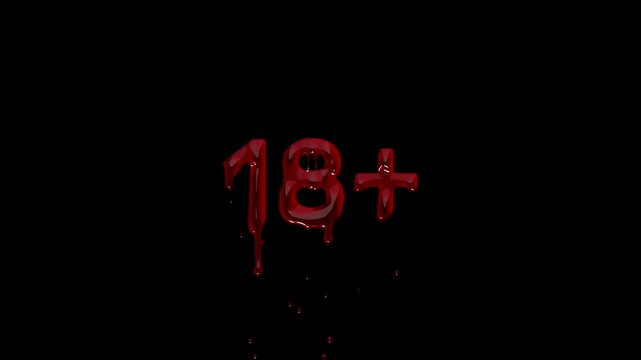 18 PLUS bloody adult rating mark, dripping blood restriction card for horror film trailers, mature content warnings and streaming intros