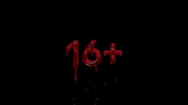 16 PLUS bloody age rating mark, dripping blood viewer advisory for horror trailers, restricted content warnings and streaming platform cards