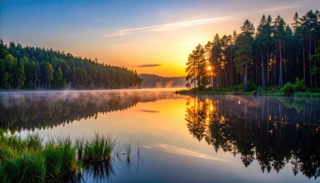 Sunrise over a misty lake surrounded by a dense forest.