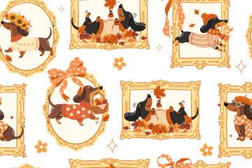 Naklejka premium Cute autumn dachshund picture frames seamless pattern with cozy fall dogs pumpkins leaves bows and vintage decorative border background for fabric wrapping paper textile and wallpaper