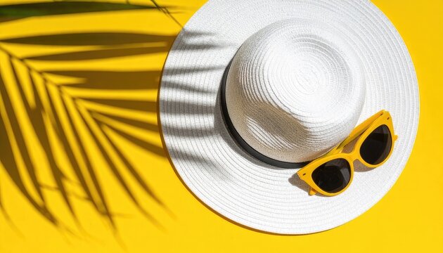 A white sun hat and yellow sunglasses are placed on a bright yellow background with palm leaf shadows.