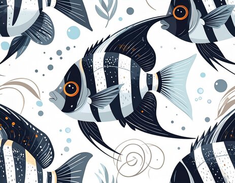 cartoon angelfish 2d seamless pattern, triangular body flowing fins silver black stripes