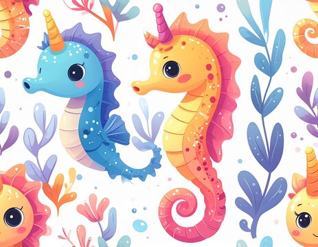 cartoon seahorse 2d seamless pattern, curled tail crown fins, pastel colors