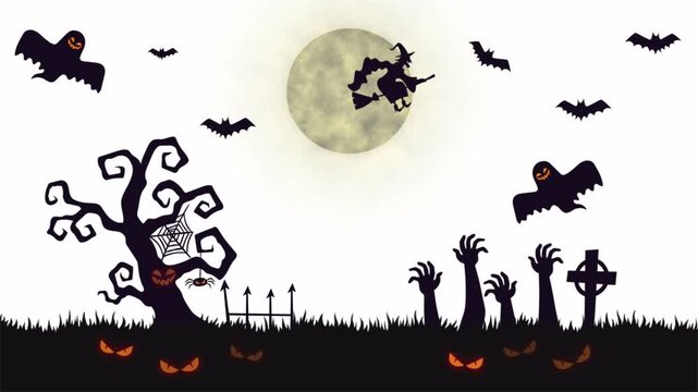 4k Halloween night background with flying witch, spooky bats, and rising zombies for festive motion graphics element on transparent background