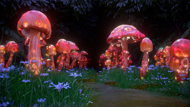 Glowing red and blue mushrooms illuminate a magical garden beneath a dark night sky, creating a vibrant fantasy landscape filled with whimsical color, enchanted nature and psychedelic atmosphere