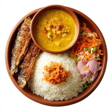 lunch menu with rice dhal curry fried fish  isolated on a white background