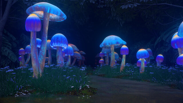 Tall luminous blue mushrooms rise from an enchanted nighttime forest, creating a magical fantasy scene filled with bioluminescent color, whimsical atmosphere and mysterious natural beauty