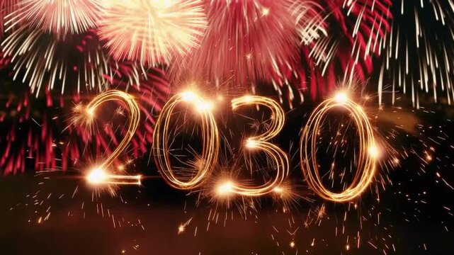 New Year 2030 illuminated by dazzling fireworks spectacle. ..Created with Generative AI, not depicting real subjects.