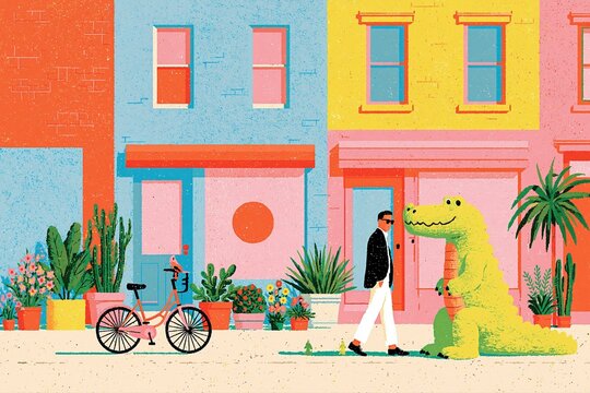 Vector style illustration of man with crocodile on colorful street