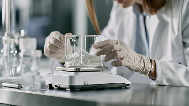 Scientist Measuring White Powder Sample in Laboratory Using Precision Digital Scale