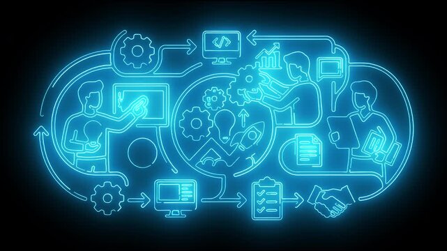 Futuristic Neon Business Process Automation with Digital Innovation, AI Workflow and Connected Technology Solutions