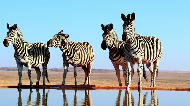Plains zebra shakes its head while the herd stands at a waterhole, slow motion