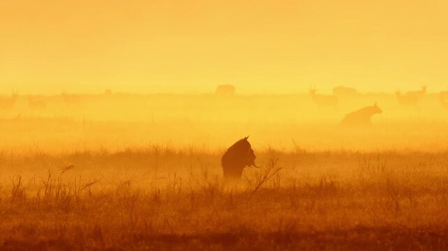 Brown hyena trots through golden sunrise grass with a warthog carcass