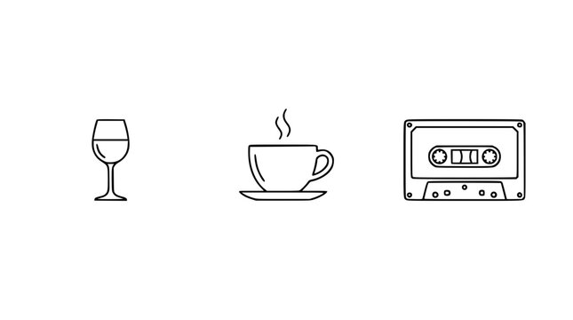 This image showcases a wine glass, coffee cup, and cassette tape, representing a fusion of social and artistic life, nostalgia, and moments shared with friends over drinks.