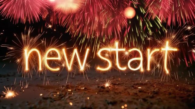 'New Start' glowing text amidst a spectacular fireworks display and sparkling embers. A vibrant symbol of hope, new beginnings. ..Created with Generative AI, not depicting real subjects.