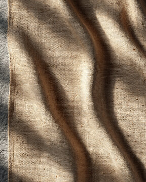Natural linen fabric draped with soft folds and shadows close up