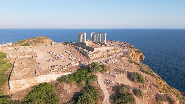 Temple of Poseidon at Cape Sounio Greece Aerial View