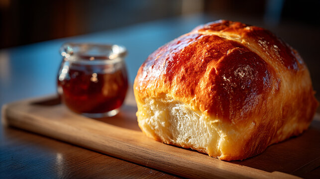 Freshly baked golden bread loaf with jam in a glass jar on a wooden board