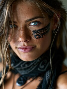 Portrait of Maori woman with traditional face tattoo blue eyes