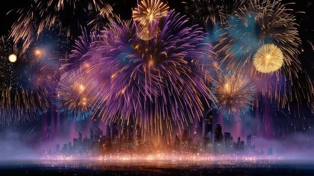 Spectacular fireworks illuminate the night sky above a silhouetted cityscape. ..Created with Generative AI, not depicting real subjects.